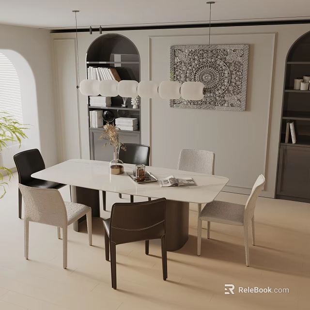 Modern Dining Table Set With White Tabletop Mixed Color Chairs Chandelier And Wall Art 3d model 