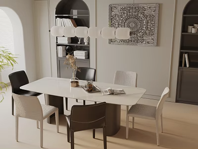 Modern Dining Table Set With White Tabletop Mixed Color Chairs Chandelier And Wall Art 3d model