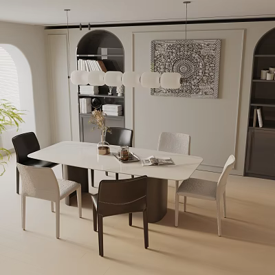 Modern Dining Table Set With White Tabletop Mixed Color Chairs Chandelier And Wall Art 3d model
