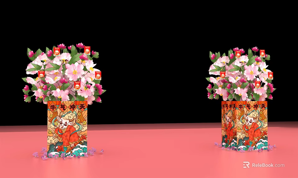 Traditional Decorative Vase With Pink And White Flowers On Pink Surface And Scattered Petals 3d model 