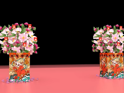 Traditional Decorative Vase With Pink And White Flowers On Pink Surface And Scattered Petals 3d model