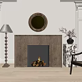 Cozy Fireplace With Burning Fire Round Mirror Above Floor Lamp And Vase Plants