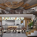 Modern Restaurant Interior With Open Layout Chandelier Bar Counter And Dining Tables