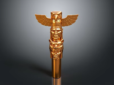 Golden Totem Pole Sculpture With Eagle Wings And Multiple Facial Carvings 3d model