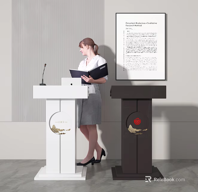 White And Dark Brown Podiums With Golden Emblems Microphone And Woman Holding Folder Nearby 3d model 