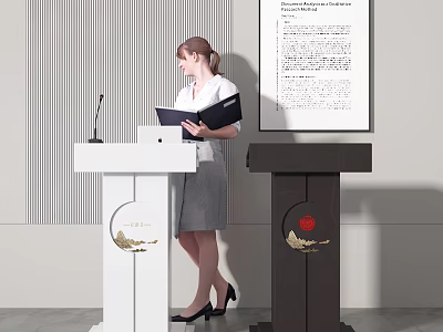 White And Dark Brown Podiums With Golden Emblems Microphone And Woman Holding Folder Nearby 3d model