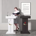 White And Dark Brown Podiums With Golden Emblems Microphone And Woman Holding Folder Nearby