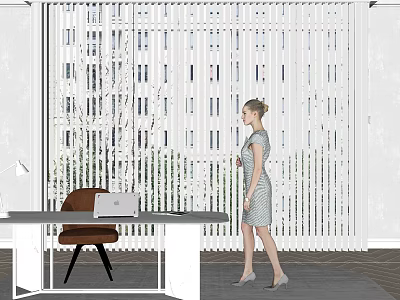 Modern Office Desk With Laptop Brown Chair Window Blinds And Trees Outside 3d model