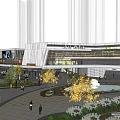 Modern Urban Commercial Street With Landscaped Greenery And Pedestrian Plaza