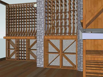 Elegant Wine Cellar Interior With Wooden Racks Stone Walls And Glass Panel Doors 3d model