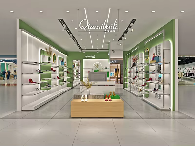 Qianbaihe Brand Store With Green And White Decor Shoes Bags Display Shelves And Central Table 3d model