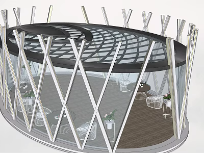 Modern Circular Pergola With Glass Roof And Crossed Supports For Outdoor Leisure Space 3d model