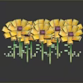 Yellow Flowers With Purple Centers On Green Platform Surrounded By Small Green Plants