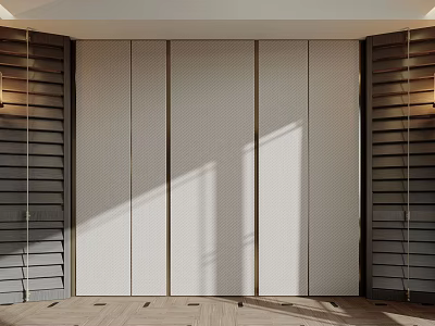 Modern Luxury Minimalist Bedroom Accent Wall With Wooden Slats White Panels And Sunlight 3d model
