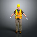 Man Wearing Yellow Hard Hat Safety Vest Gloves Brown Pants And Black Shoes