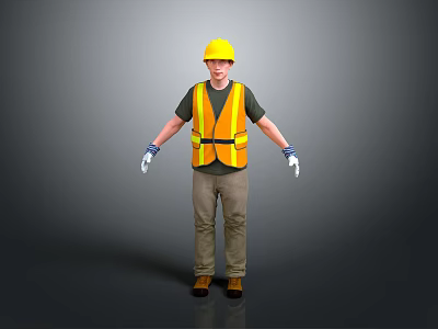 Man Wearing Yellow Hard Hat Safety Vest Gloves Brown Pants And Black Shoes 3d model