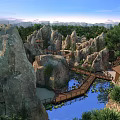 Scenic Rock Formations With Pavilions Wooden Bridge Stream Colorful Flowers And Distant Mountain Views