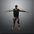 Man in camouflage uniform with black vest helmet and yellow boots arms outstretched