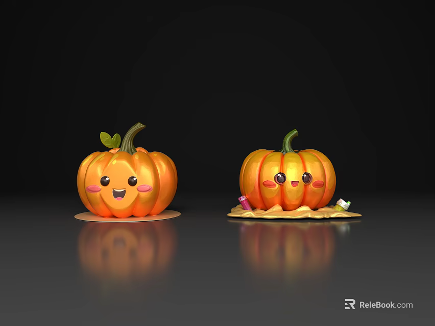 Two Adorable Decorative Pumpkin Vegetables With Happy Smiling Faces On Gray Surface 3d model 