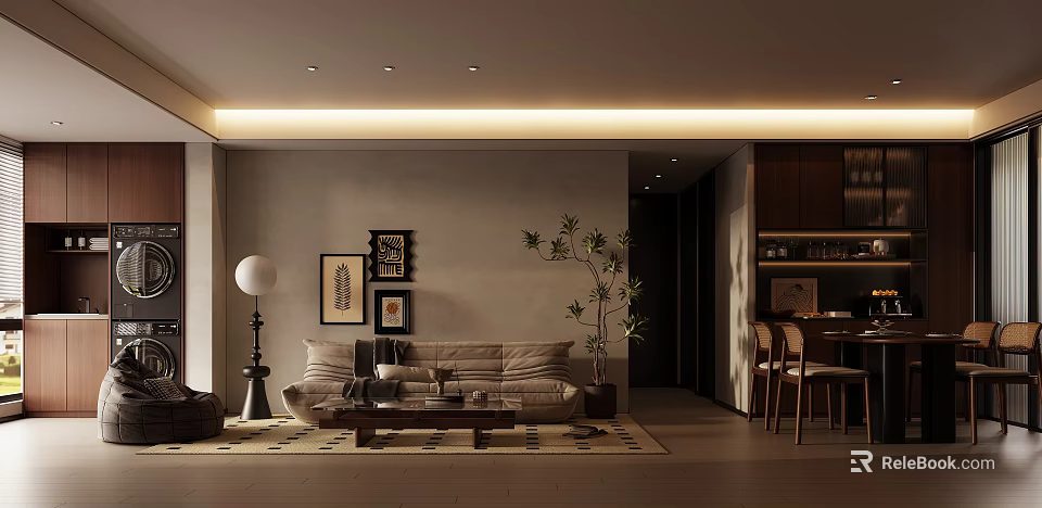 Modern Living Dining Room Interior Design With Beige Sofa Wooden Table And Potted Plant 3d model 