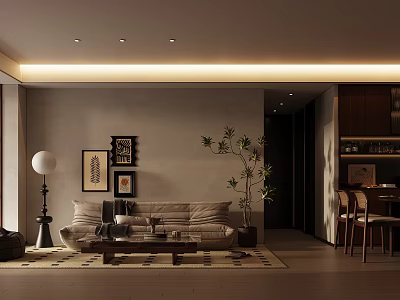 Modern Living Dining Room Interior Design With Beige Sofa Wooden Table And Potted Plant 3d model