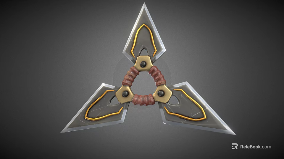 Triangular Shuriken Weapon With Metal Blades Red Ring And Yellow Accents 3d model 