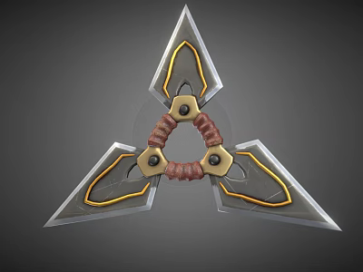 Triangular Shuriken Weapon With Metal Blades Red Ring And Yellow Accents 3d model