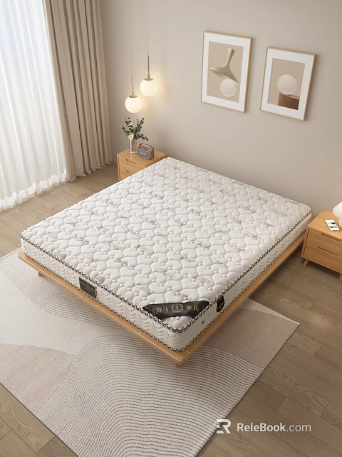 Comfortable Quilted Mattress On Wooden Frame With Nightstand Table Lamp Vase And Framed 3d model 