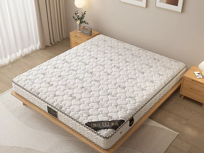 Comfortable Quilted Mattress On Wooden Frame With Nightstand Table Lamp Vase And Framed 3d model