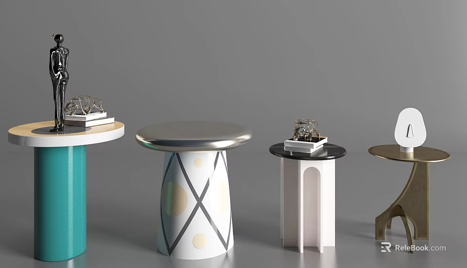Various Modern Coffee Tables With Colorful Bases Geometric Patterns And Decorative Items 3d model