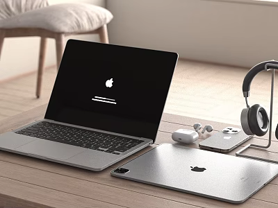 Apple Laptop And Tablet Setup With Wireless Earbuds And Headphones On Desk 3d model