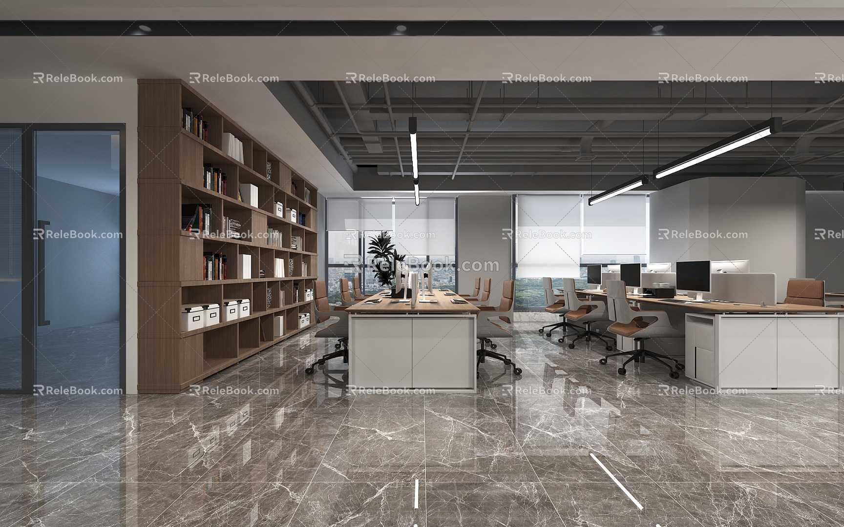 Modern Public Office Area Public Office Area Office Office Office Desk Office Chair Computer Chandelier Glass Partition Rolling Shutter Bookshelf File Cabinet 3d model