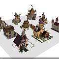 Cartoon Castle And House Collection With Colorful Roofs Decorative Flags And Trees