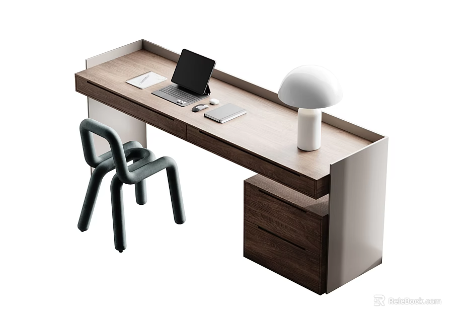 Modern Wooden Desk With Laptop Tablet White Lamp And Matching Chair 3d model 