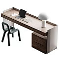 Modern Wooden Desk With Laptop Tablet White Lamp And Matching Chair