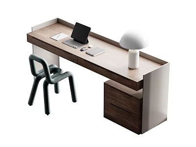 Modern Wooden Desk With Laptop Tablet White Lamp And Matching Chair 3d model