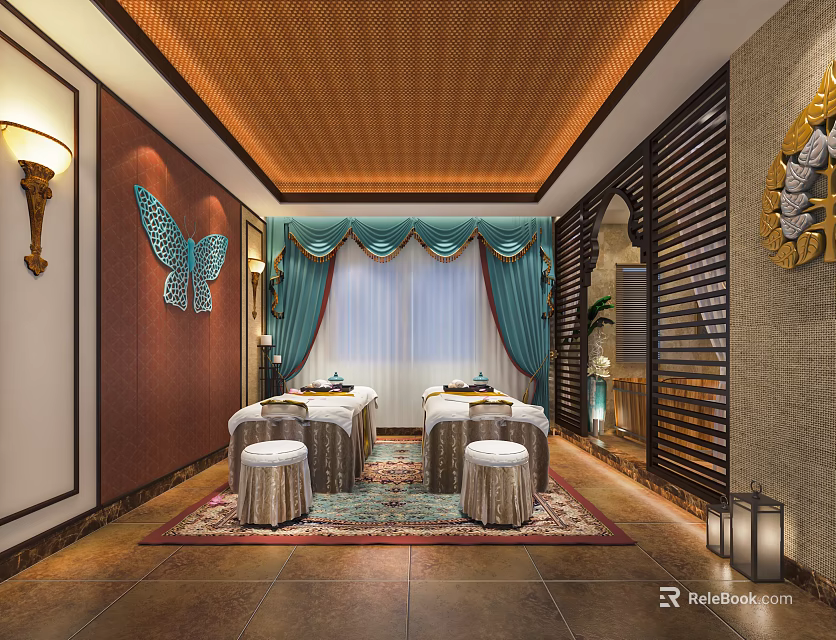 SPA Sauna Interior with Wicker Ceiling Massage Tables Turquoise Curtains and Butterfly Decor 3d model 