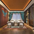 SPA Sauna Interior with Wicker Ceiling Massage Tables Turquoise Curtains and Butterfly Decor
