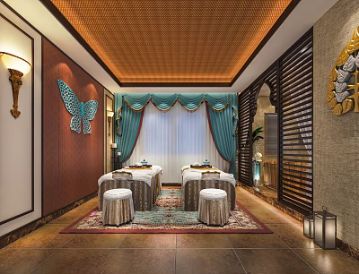 SPA Sauna Interior with Wicker Ceiling Massage Tables Turquoise Curtains and Butterfly Decor 3d model