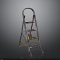 Silver Metal Ladder With Multiple Steps Yellow Support Bars and Red Small Object