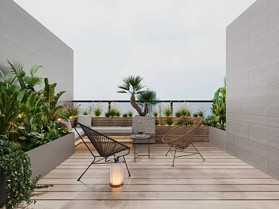 Elegant Villa Balcony With Wooden Deck Wicker Chairs And Greenery 3d model