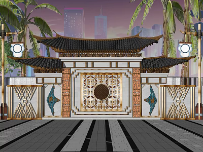 Traditional Chinese Scenic Wall with Golden Decor Circular Pattern Palm Trees and Urban Background 3d model