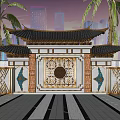 Traditional Chinese Scenic Wall with Golden Decor Circular Pattern Palm Trees and Urban Background