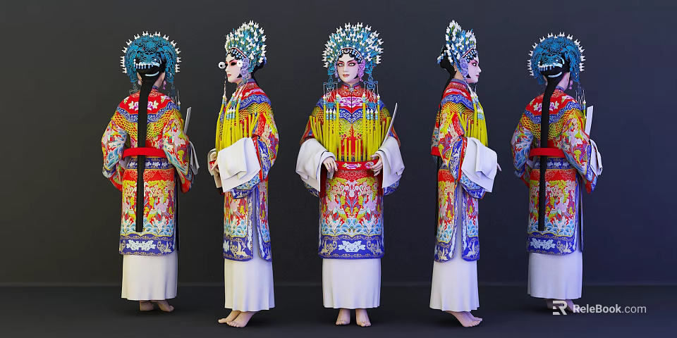Multiple People in Traditional Chinese Opera Costumes with Colorful Headdresses and Attire 3d model 