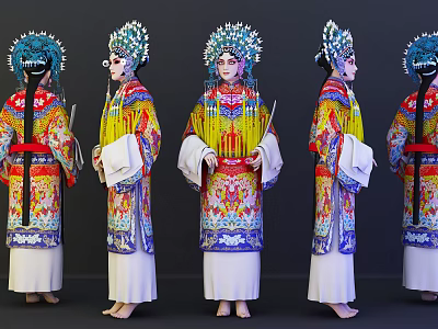 Multiple People in Traditional Chinese Opera Costumes with Colorful Headdresses and Attire 3d model