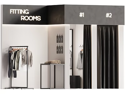Modern Clothing Store Fitting Rooms With Numbered Booths Mirrors Black Curtains And Clothes Racks 3d model