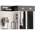 Modern Clothing Store Fitting Rooms With Numbered Booths Mirrors Black Curtains And Clothes Racks