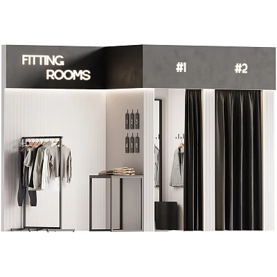 Modern Clothing Store Fitting Rooms With Numbered Booths Mirrors Black Curtains And Clothes Racks 3d model