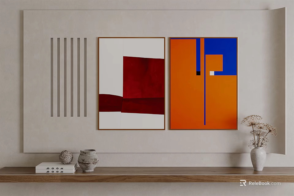 Abstract Paintings With Red Orange Blue Geometric Shapes For Wall Interior Decor 3d model
