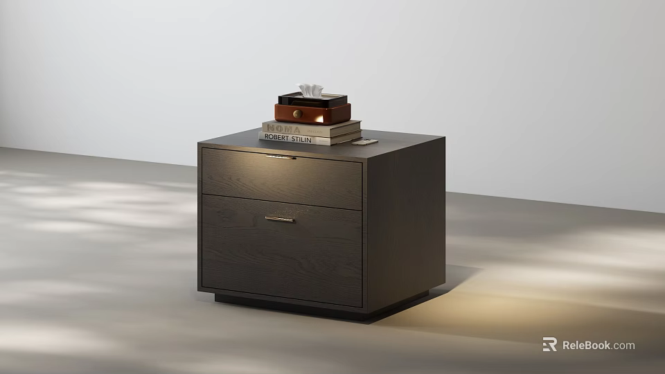Modern Dark Wooden Bedside Table with Two Drawers and Decorative Items on Top 3d model 